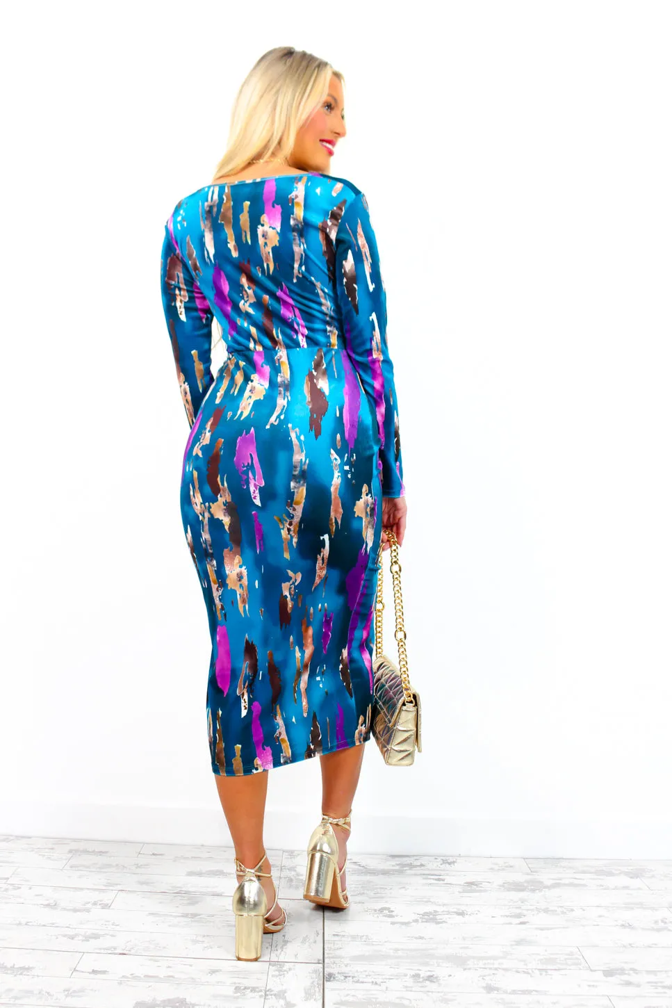 Dont Make Me Wait - Blue Purple Abstract Print Plunge Midi Dress