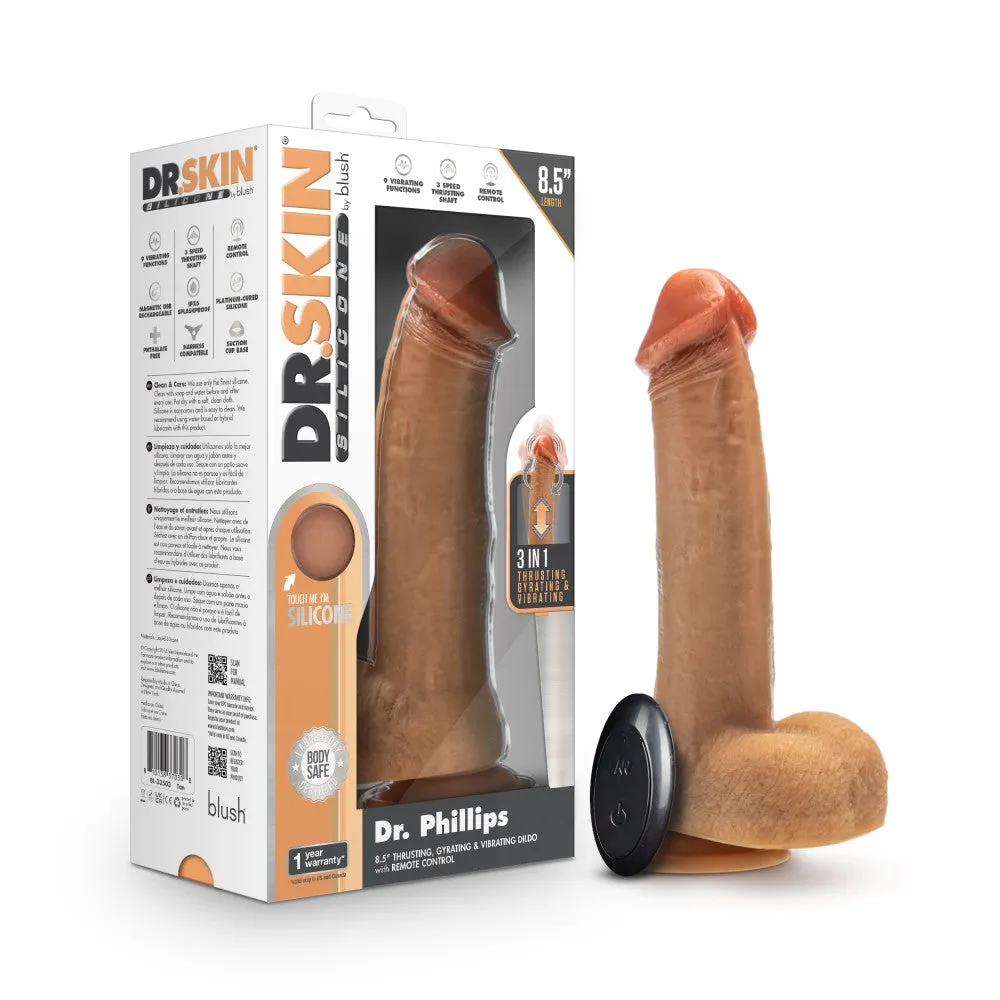 Dr. Skin Silicone By Blush® | Dr. Phillips 9 Inch Vibrating And Thrusting Dildo – Soft Liquid Silicone Realistic Penis With Wireless Remote Control – Beige