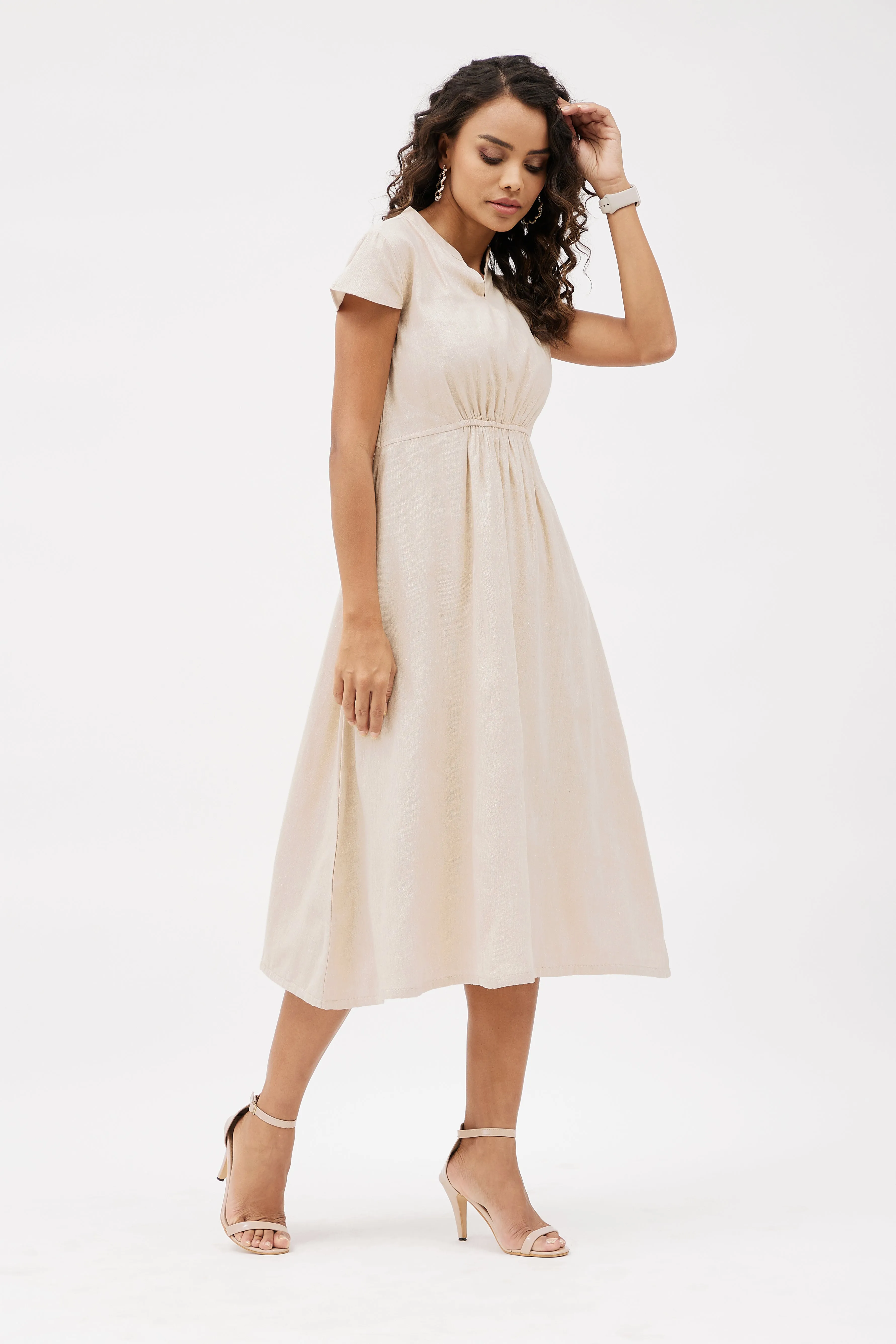 Elasticated Formal Linen Dress with Pockets