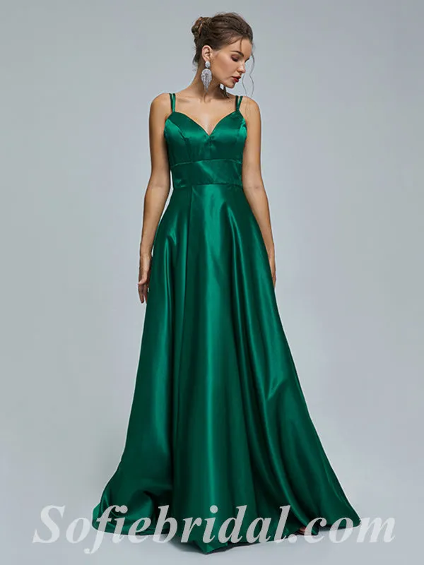 Elegant Satin Spaghetti Straps V-NeckLace Up Back A-Line Long Prom Dresses,SFPD0345