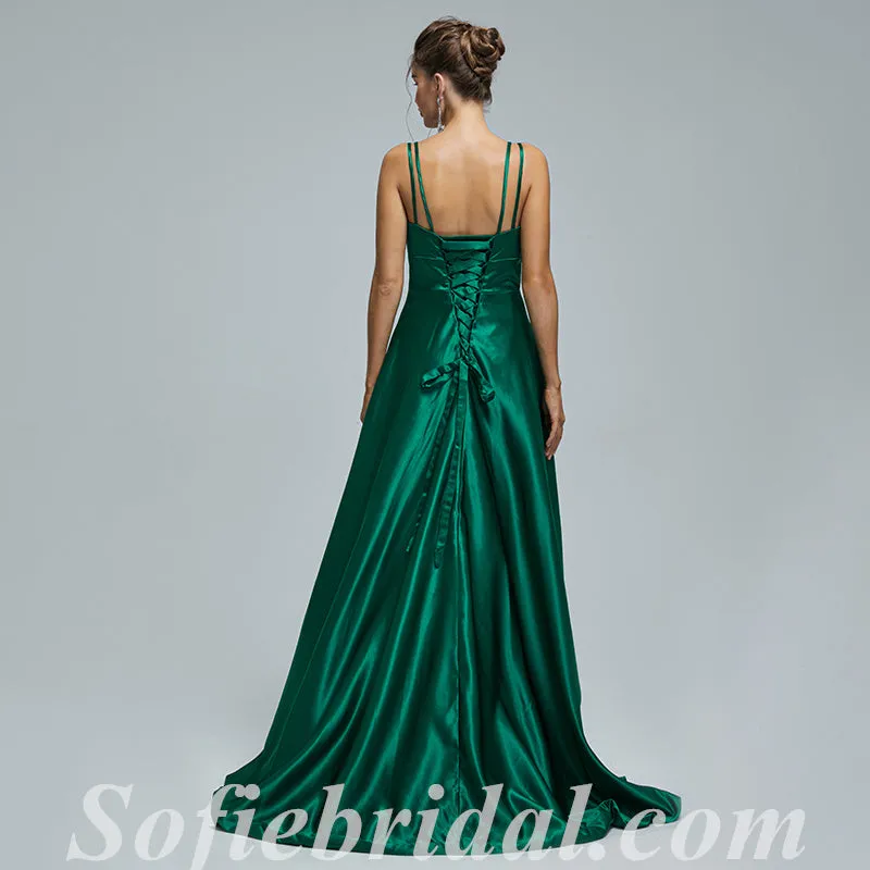 Elegant Satin Spaghetti Straps V-NeckLace Up Back A-Line Long Prom Dresses,SFPD0345