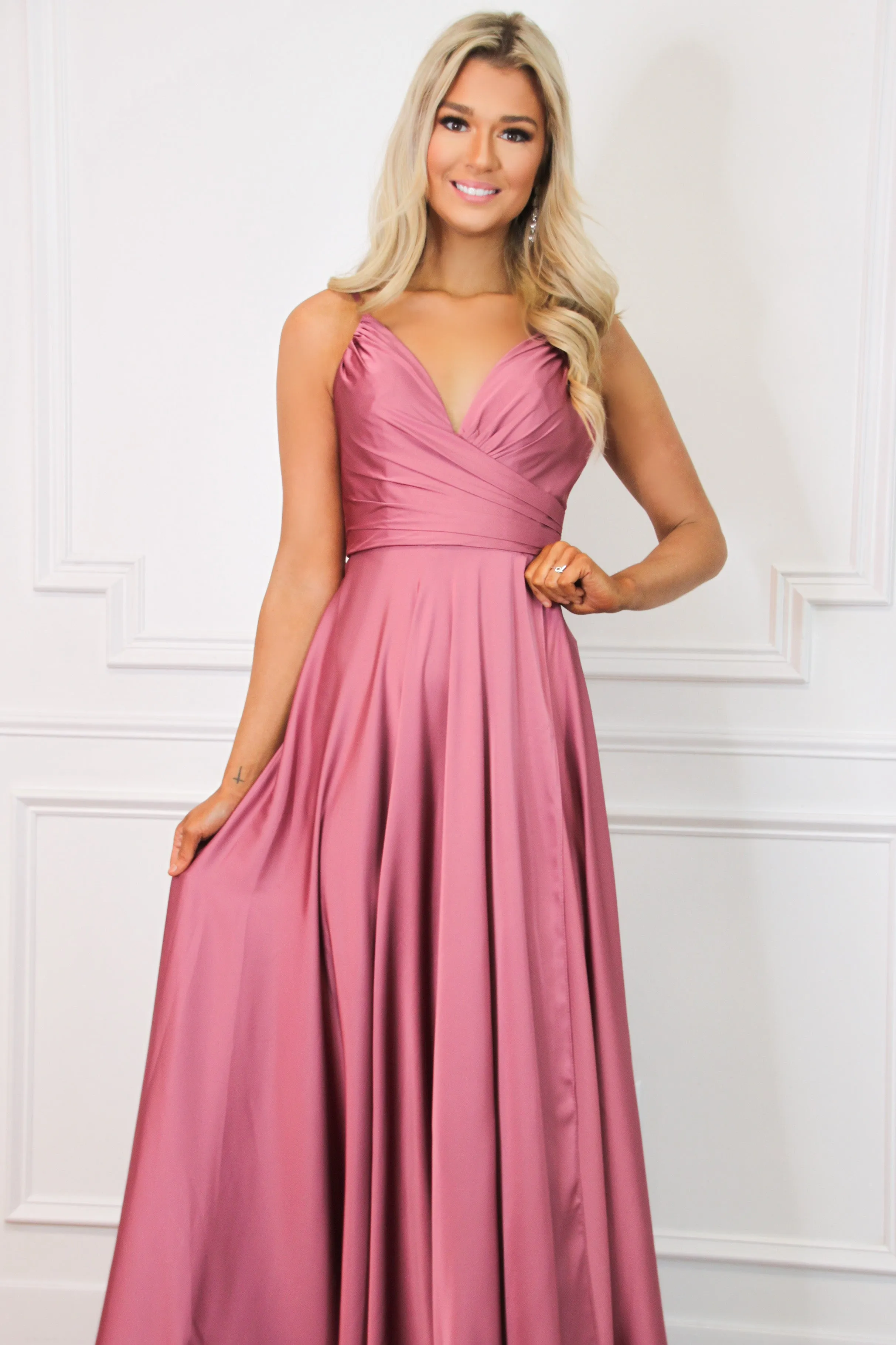 Ella Satin Slit Formal Dress: Rose