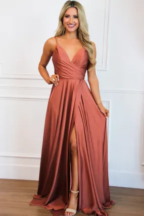 Ella Satin Slit Formal Dress: Rust