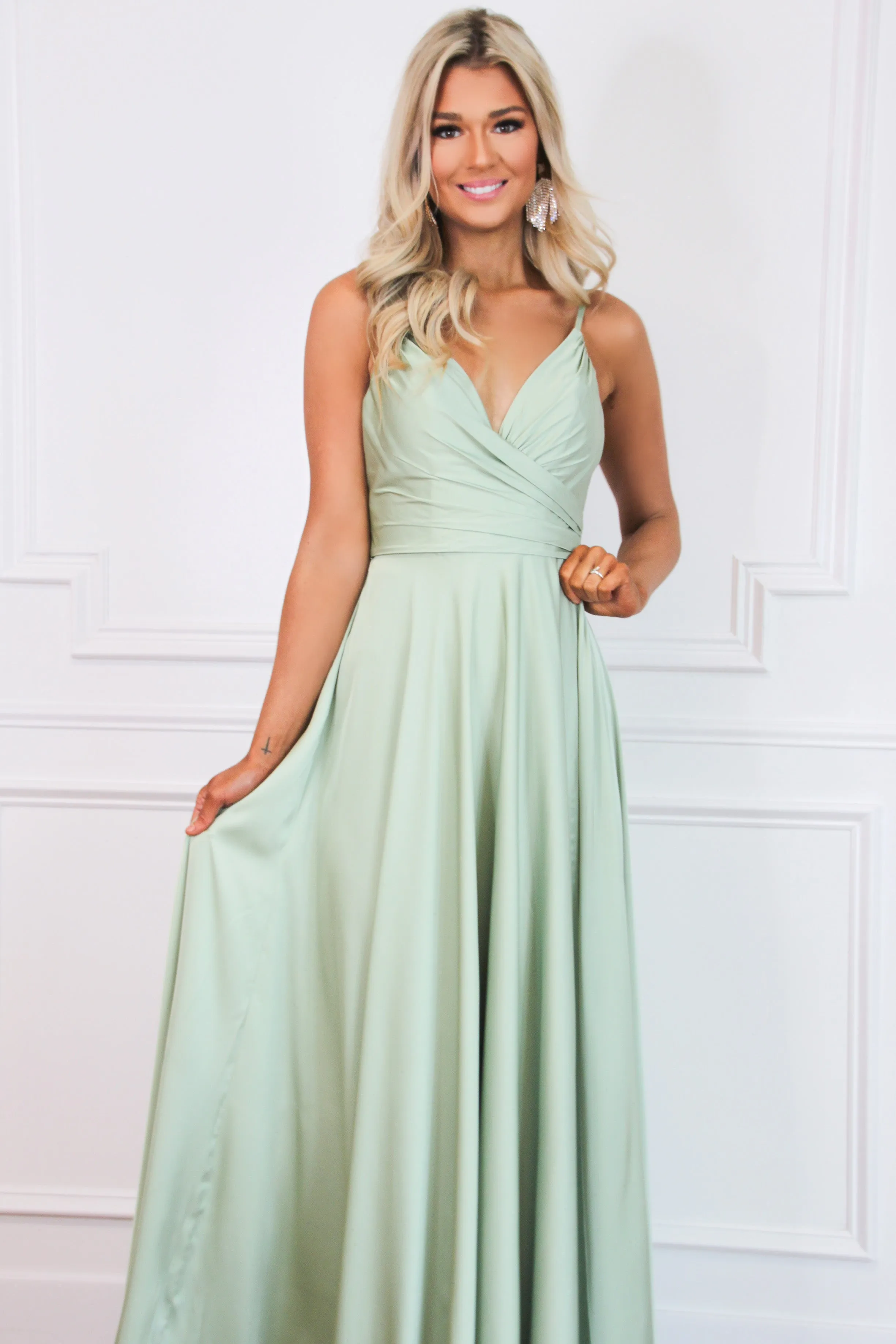 Ella Satin Slit Formal Dress: Sage