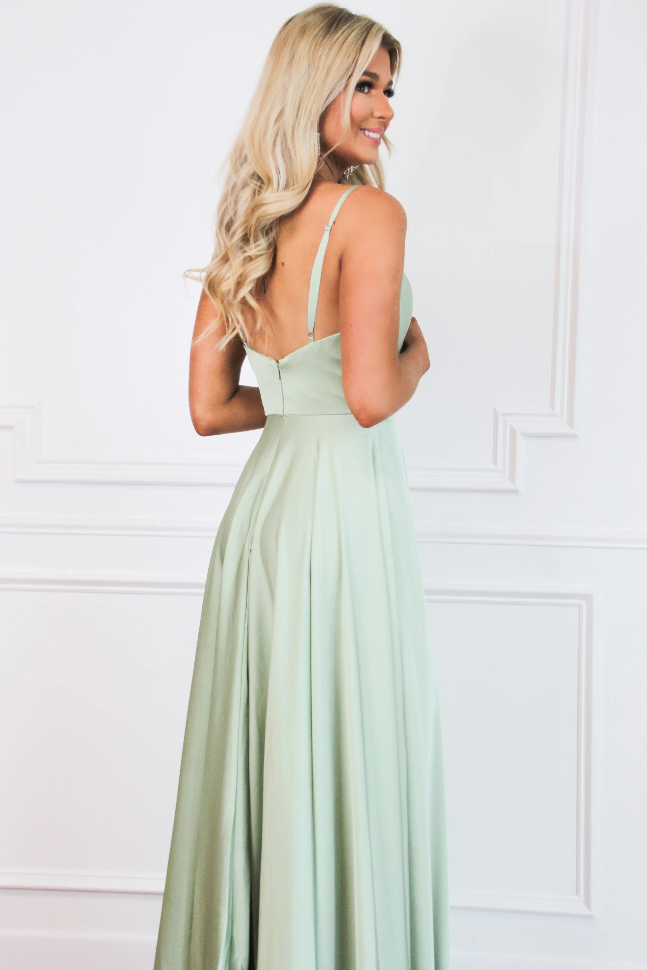 Ella Satin Slit Formal Dress: Sage