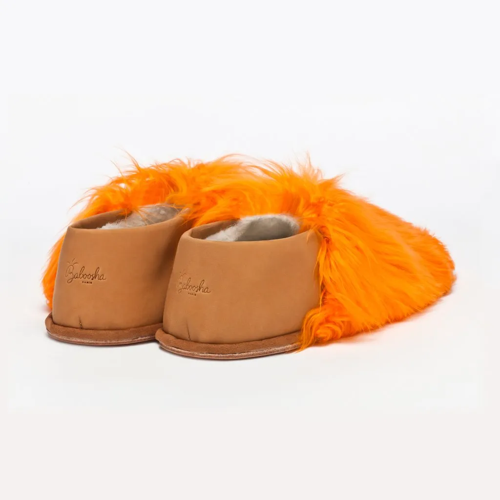 ETHICALLY AND CRUELTY FREE ALPACA SLIPPERS IN BRIGHT ORGANGE