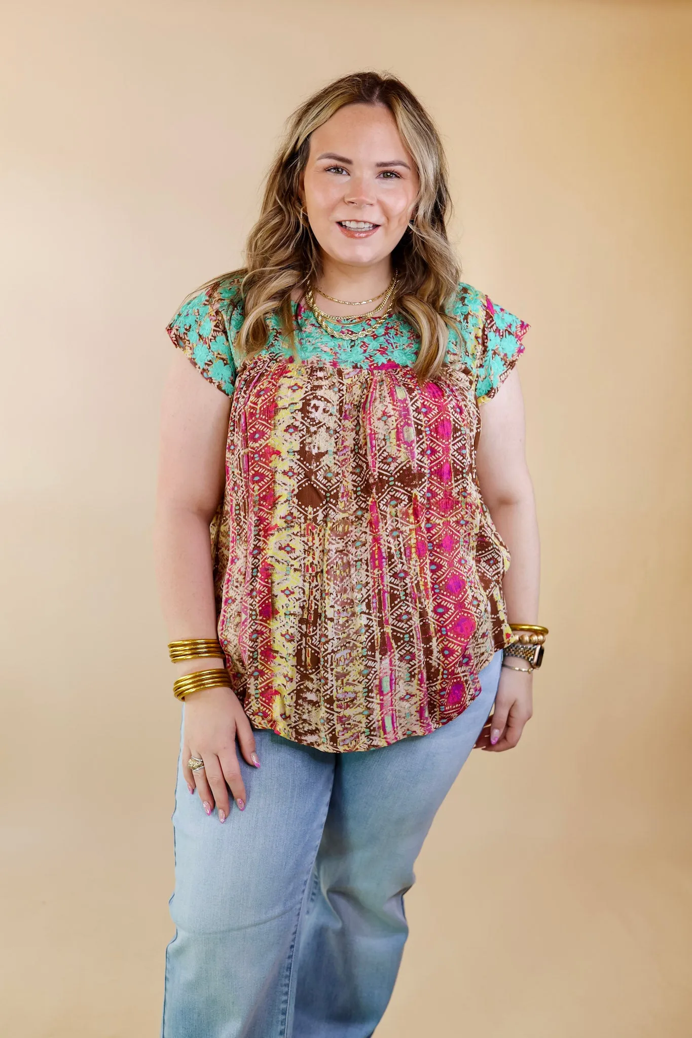 Festival Weather Turquoise Embroidered Tribal Print Top with Cap Sleeves in Olive Green Mix