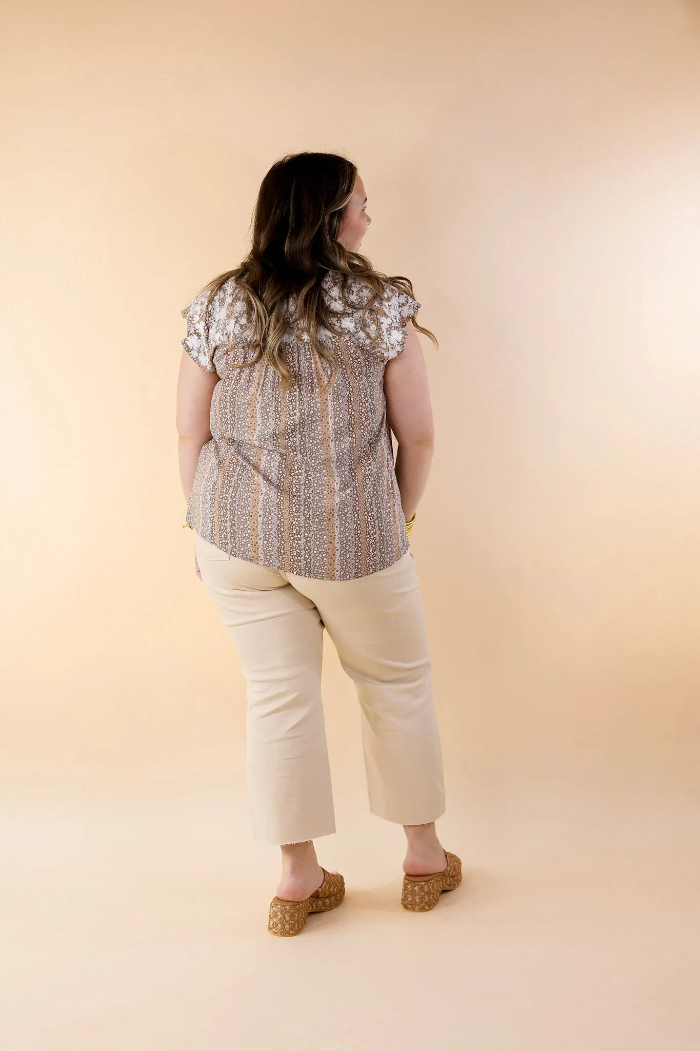 Festival Weather White Embroidered Floral Print Top with Cap Sleeves in Mocha Mix