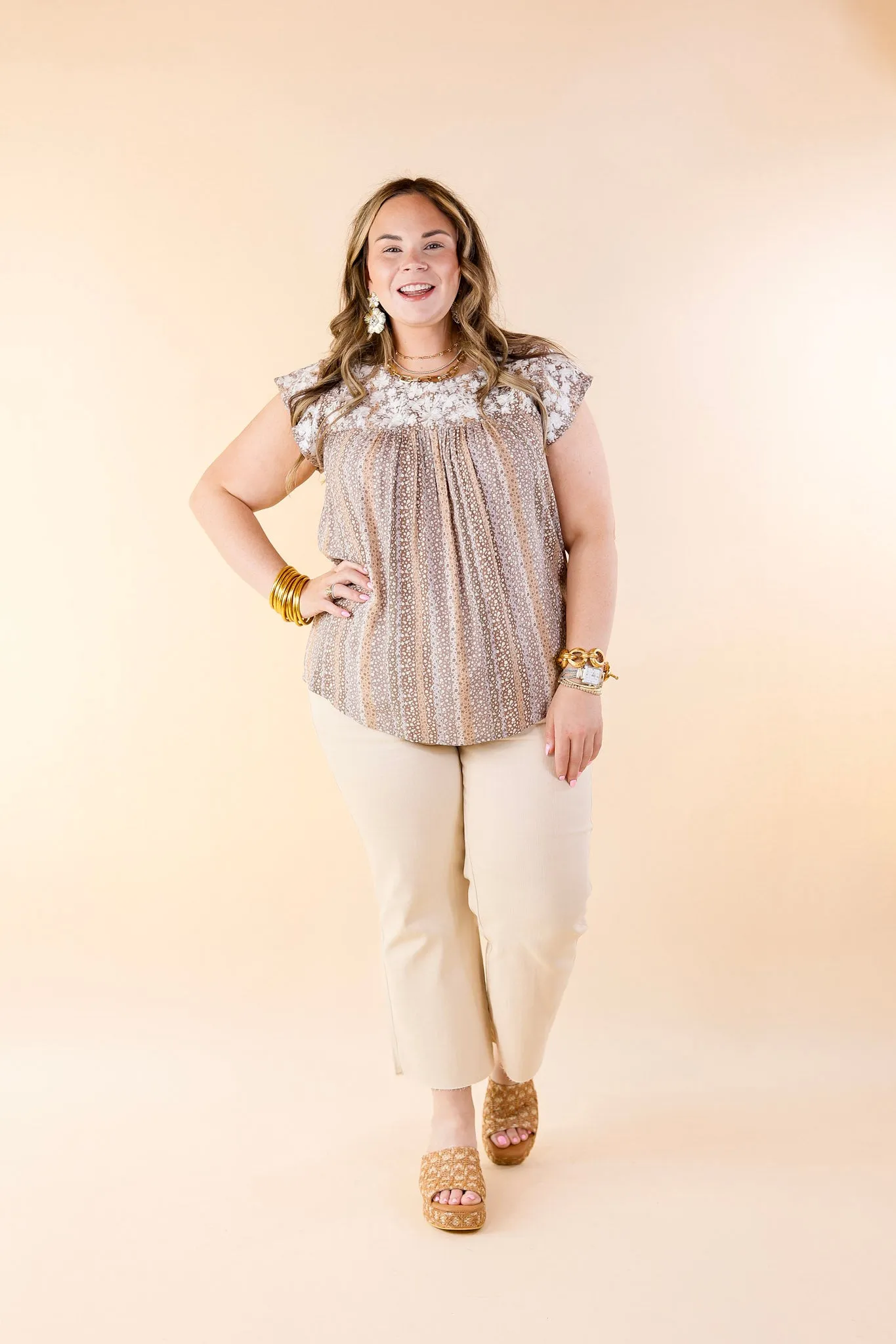 Festival Weather White Embroidered Floral Print Top with Cap Sleeves in Mocha Mix