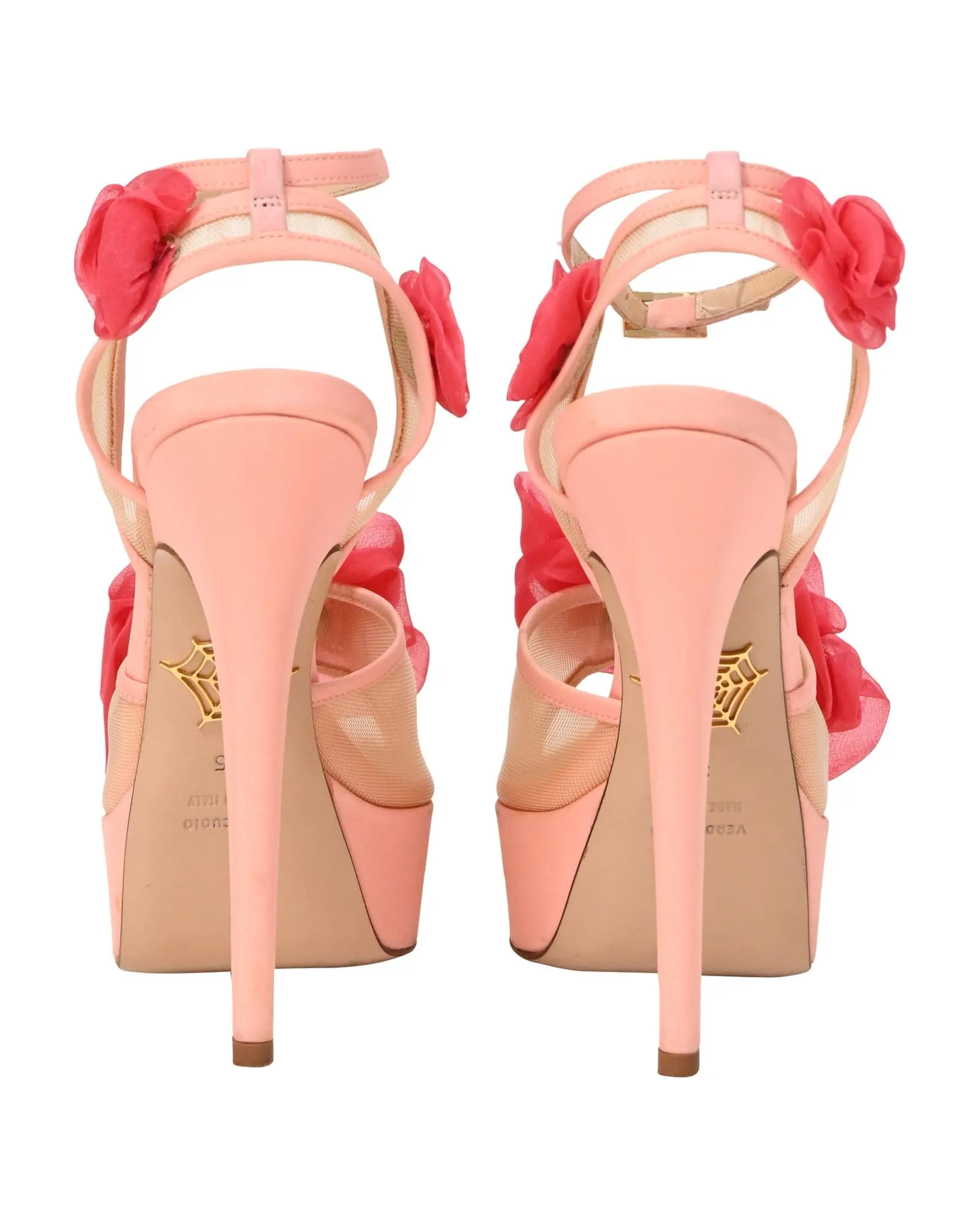 Fleur Ankle-Wrap Platform Satin Sandals with Flower Appliques