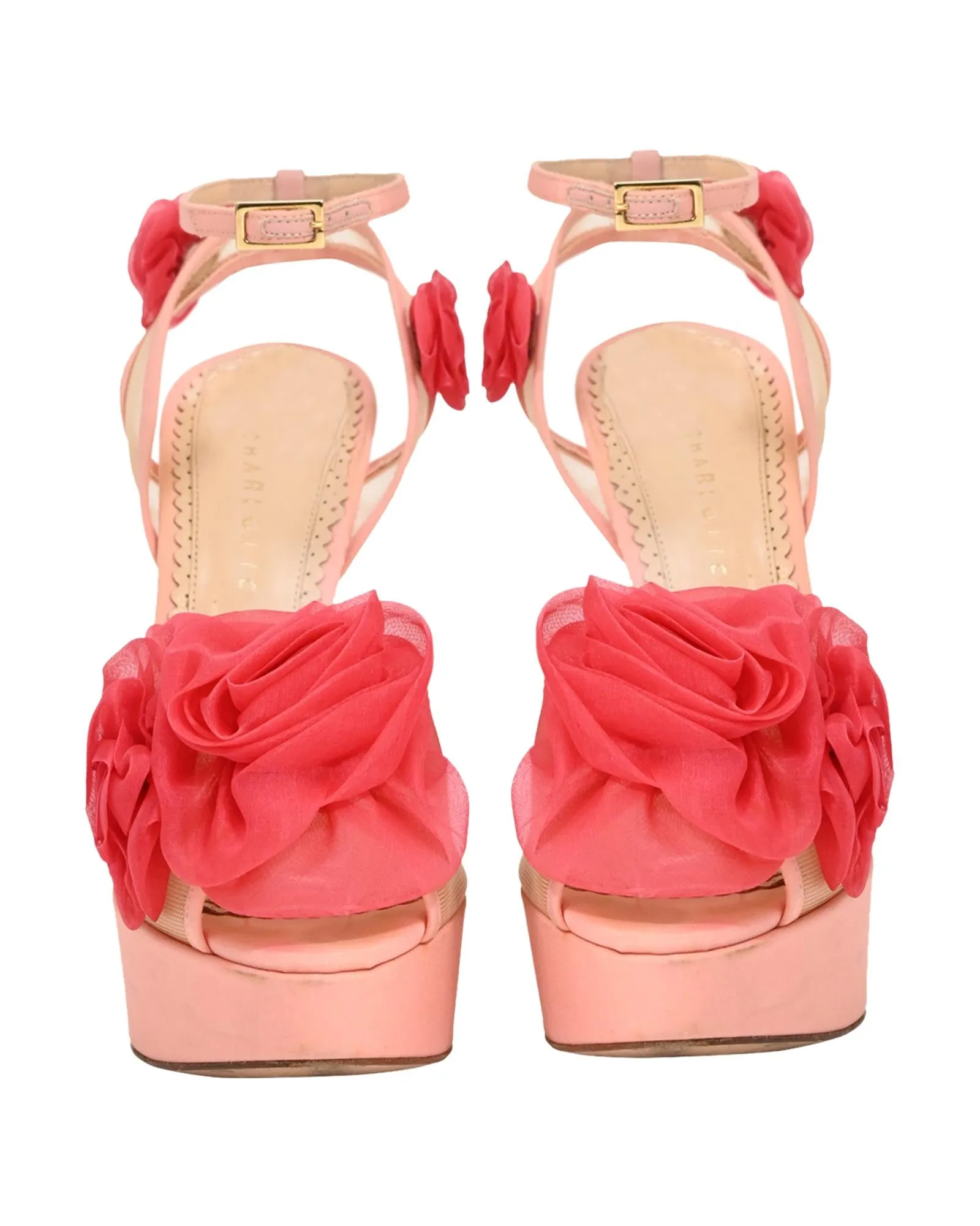 Fleur Ankle-Wrap Platform Satin Sandals with Flower Appliques