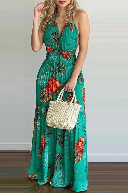 Floral Print Backless Slip Maxi Dress