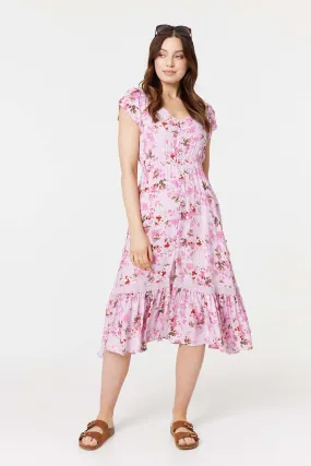 Floral Print Cap Sleeve Midi Dress