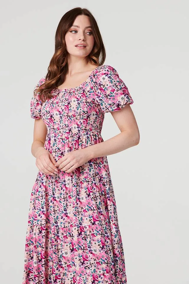 Floral Puff Sleeve Smock Midi Dress