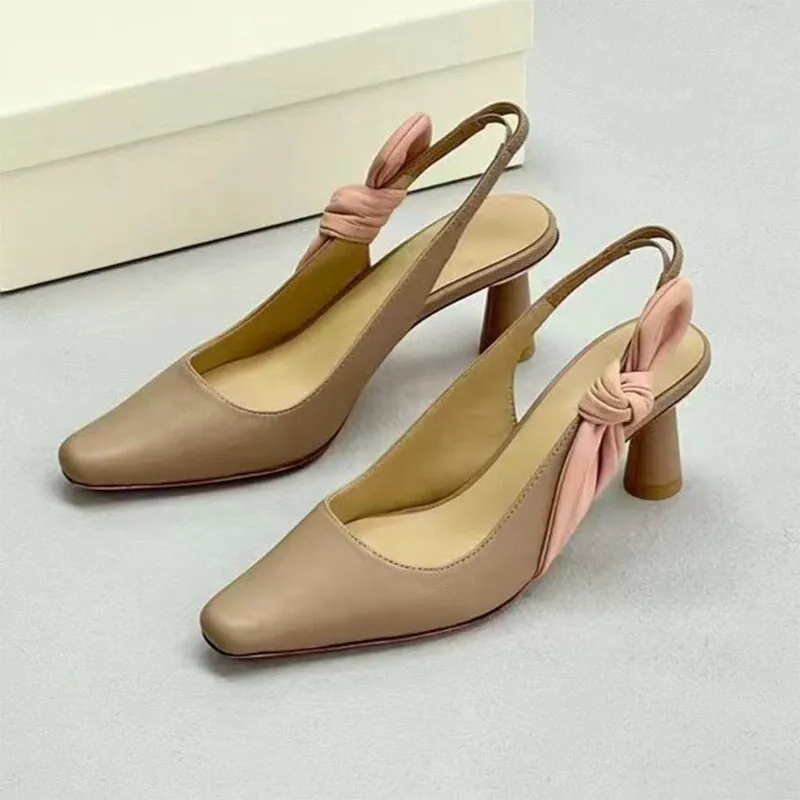 Genuine Leather 60mm Slingback Pumps Almond Toe Cone Heel in Apricot/Black