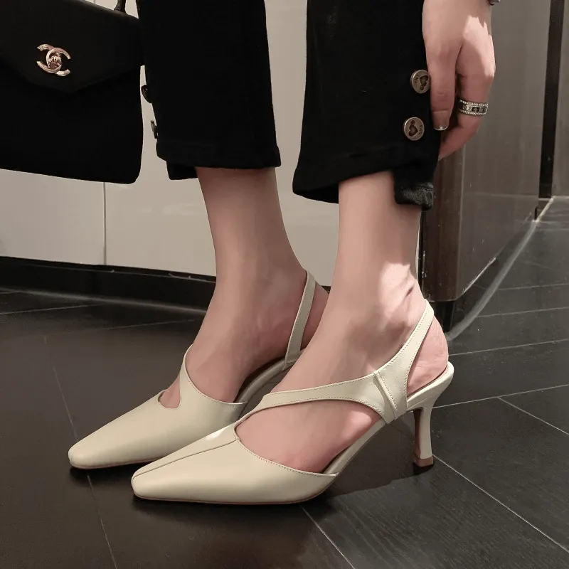 Genuine Leather 75mmSlingback Stiletto Pumps Square Toe in Apricot/Beige/Red