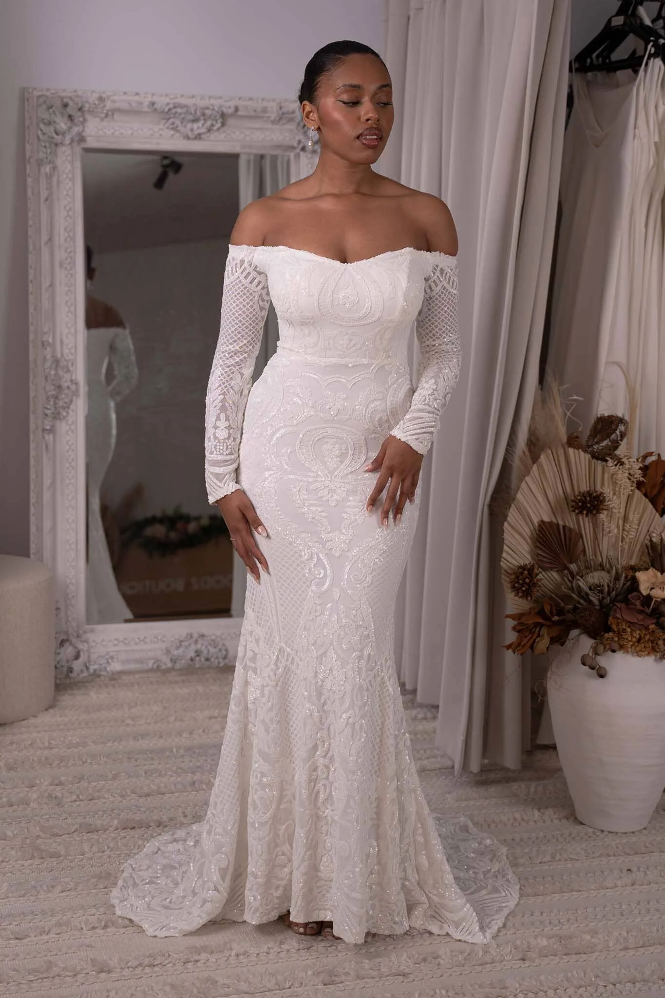 Gianna Off-Shoulder Long Sleeve Gown - White/White