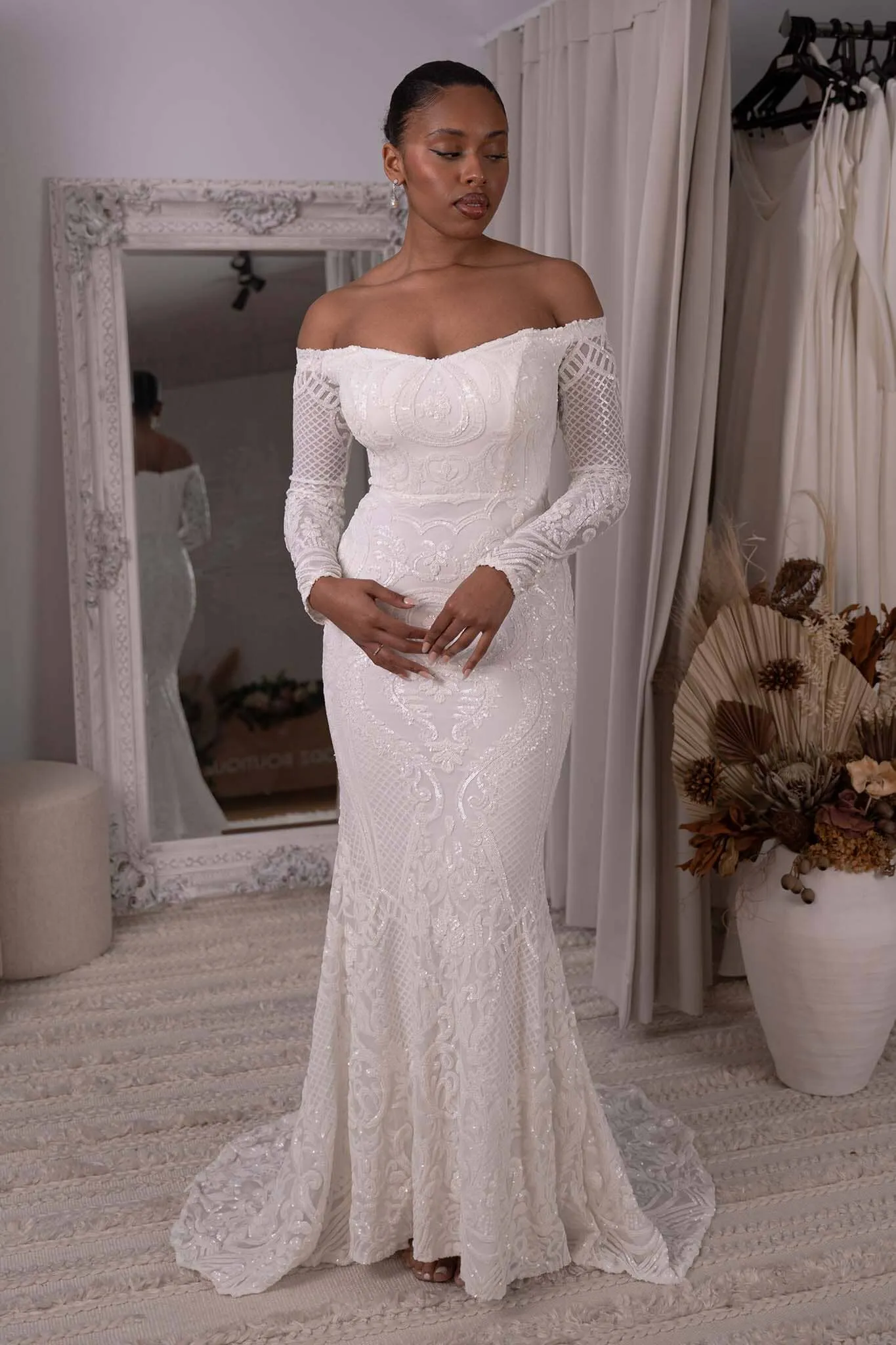 Gianna Off-Shoulder Long Sleeve Gown - White/White