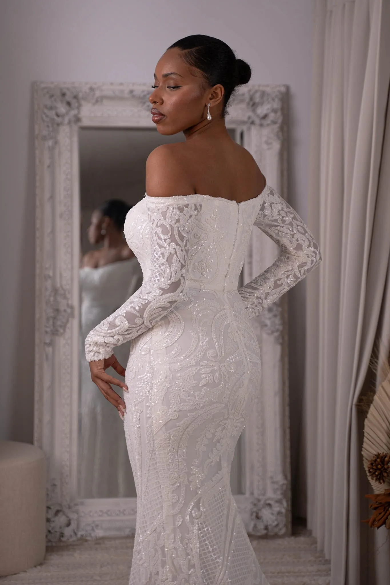 Gianna Off-Shoulder Long Sleeve Gown - White/White