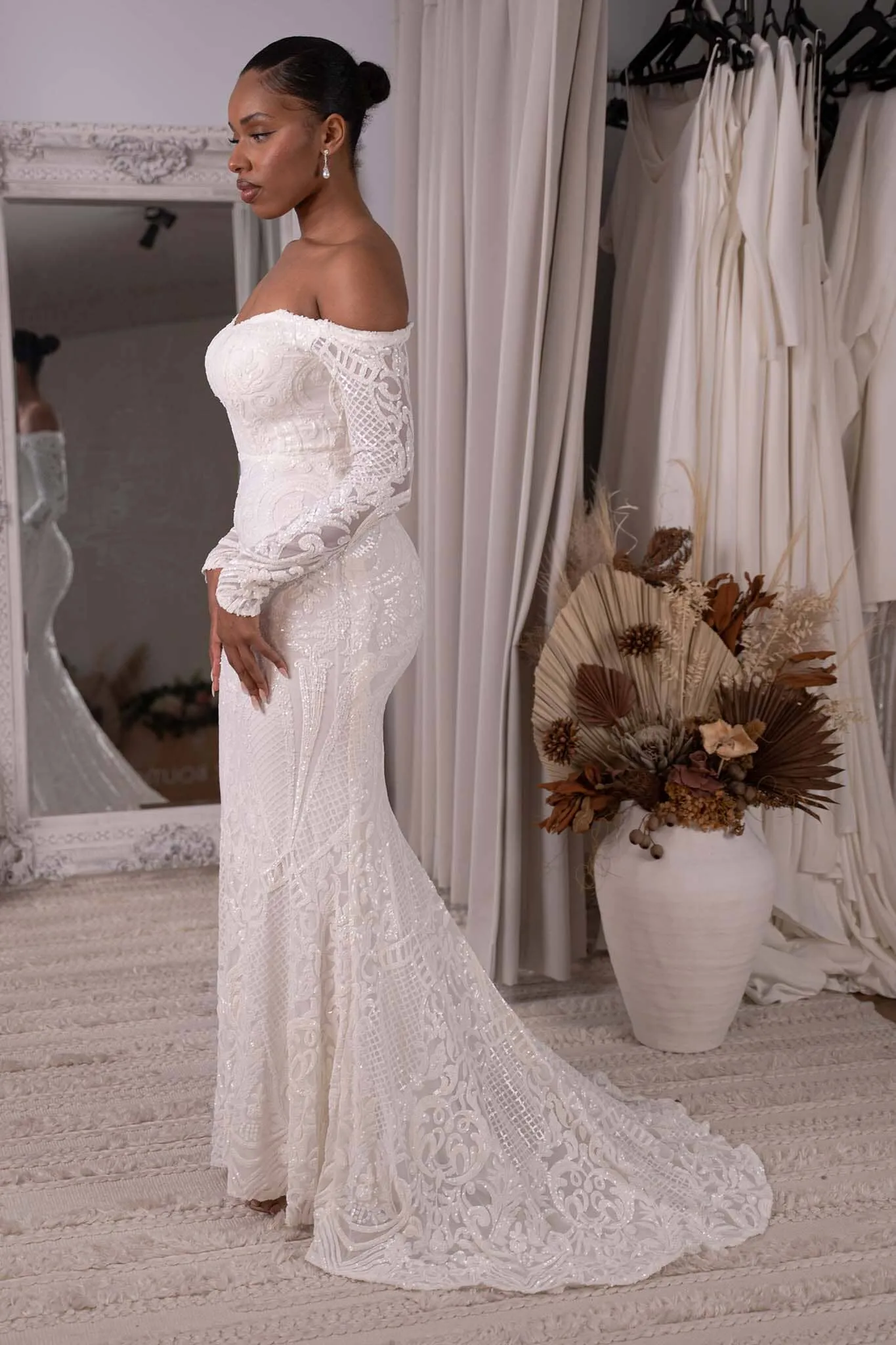 Gianna Off-Shoulder Long Sleeve Gown - White/White