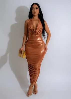 Glam Glow Ruched Metallic Midi Dress Gold