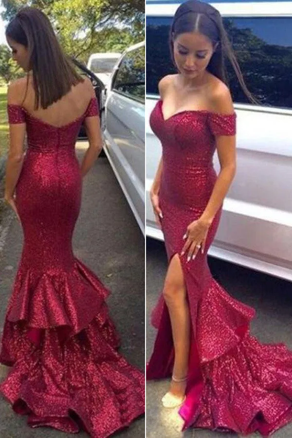 Glittering Sexy Off Shoulder Red Sequined Mermaid Prom Dresses,Red Evening Dresses,SVD395