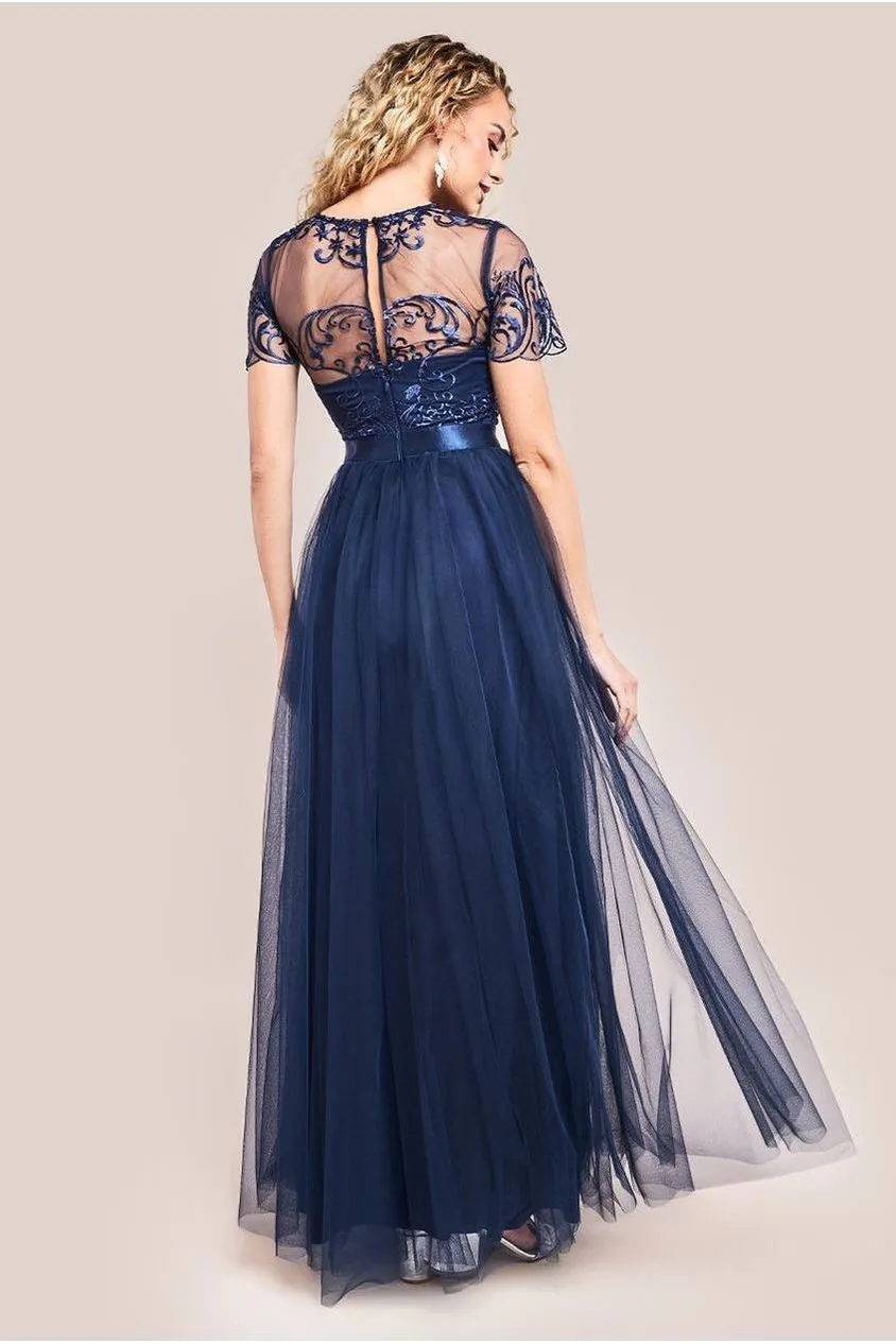 Goddiva Embroidered Mesh Maxi Dress - Navy