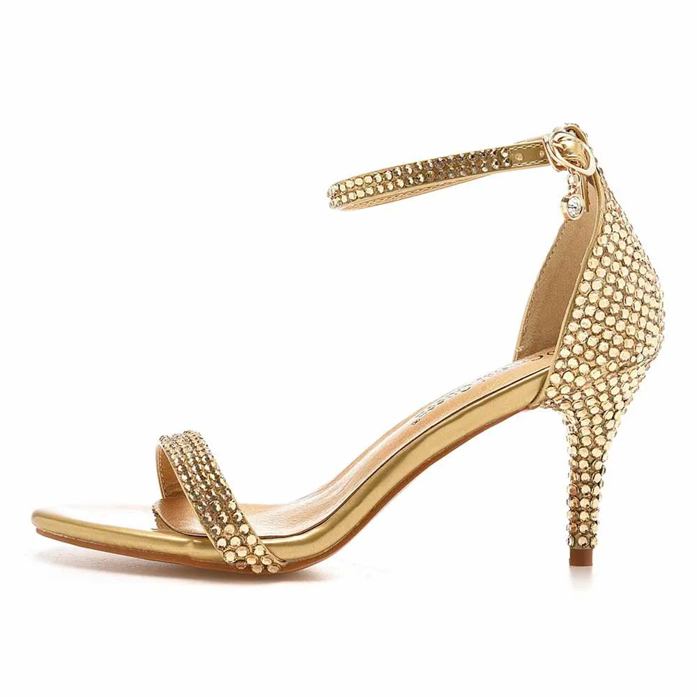 Gold Open Toe Heeled Ankle Buckle Strap Evening Pump Sandal Shoes