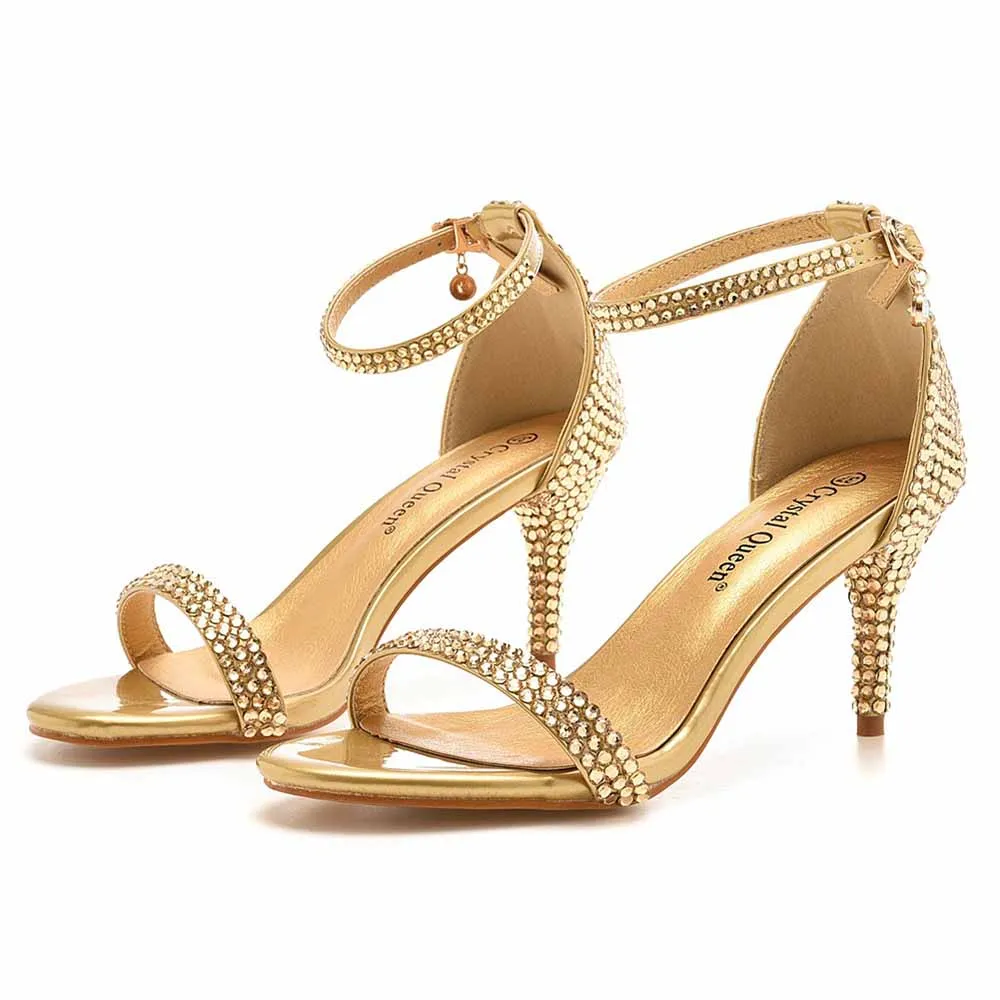 Gold Open Toe Heeled Ankle Buckle Strap Evening Pump Sandal Shoes