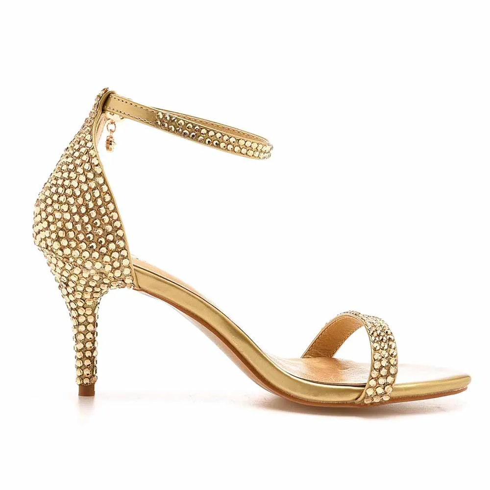 Gold Open Toe Heeled Ankle Buckle Strap Evening Pump Sandal Shoes