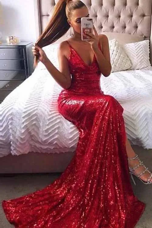 Gold Sequins Mermaid Backless Long Prom Dresses with Side Slit, SP357