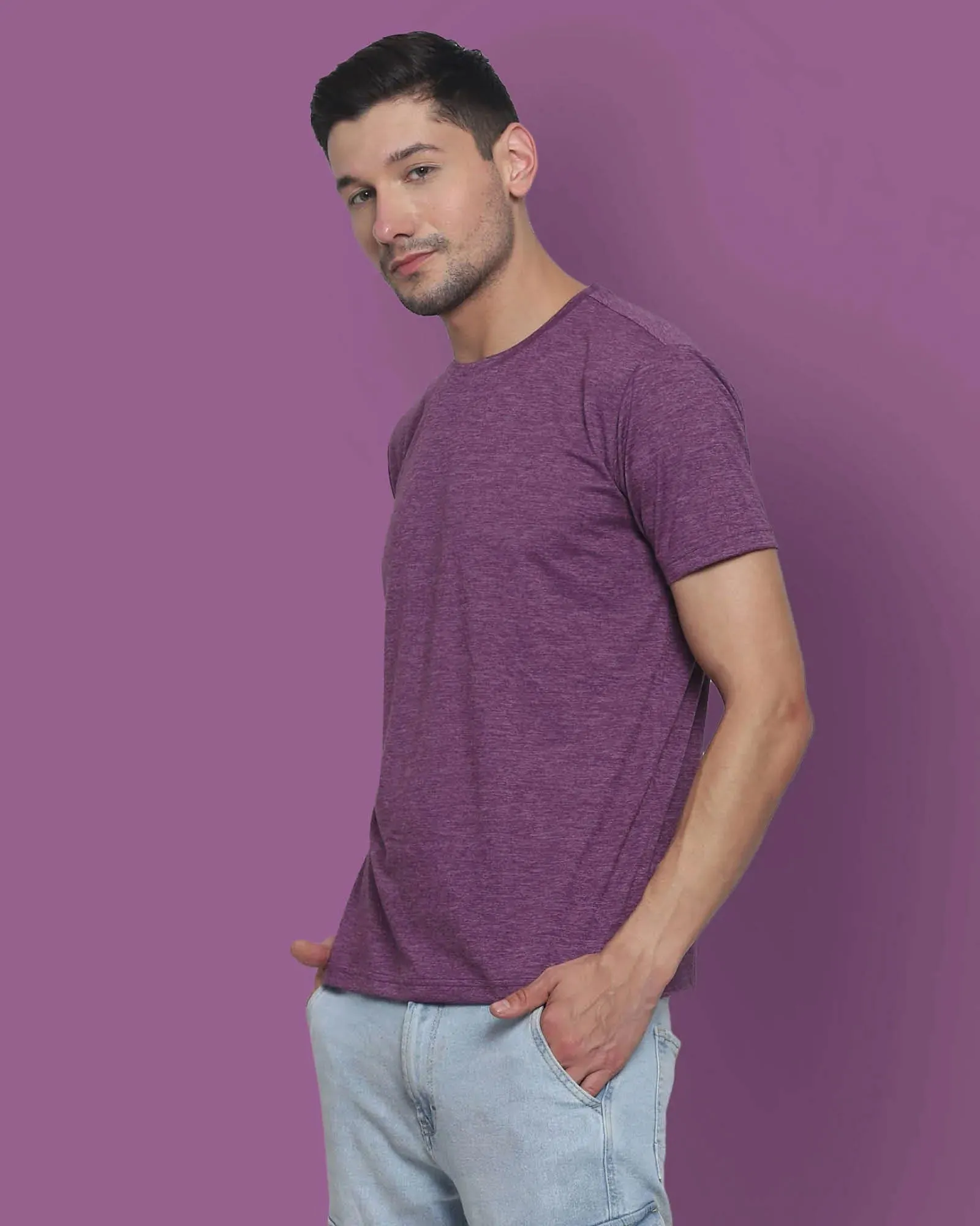 Half Sleeves Crew Neck: Eggplant Melange