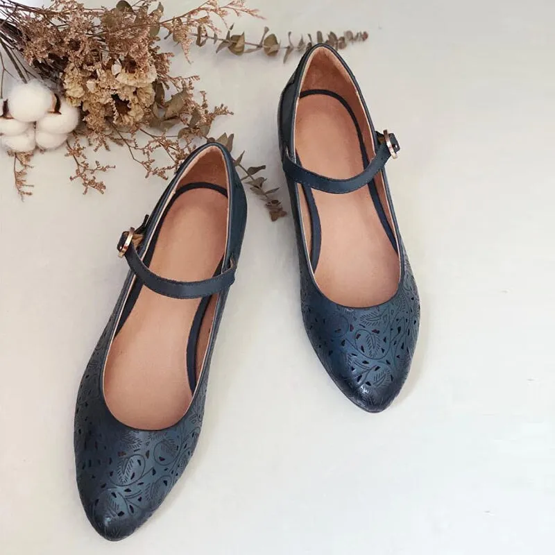 Handmade Cut Out Soft Leather Mary Jane Pumps For Women Cone Heel in Blue/White