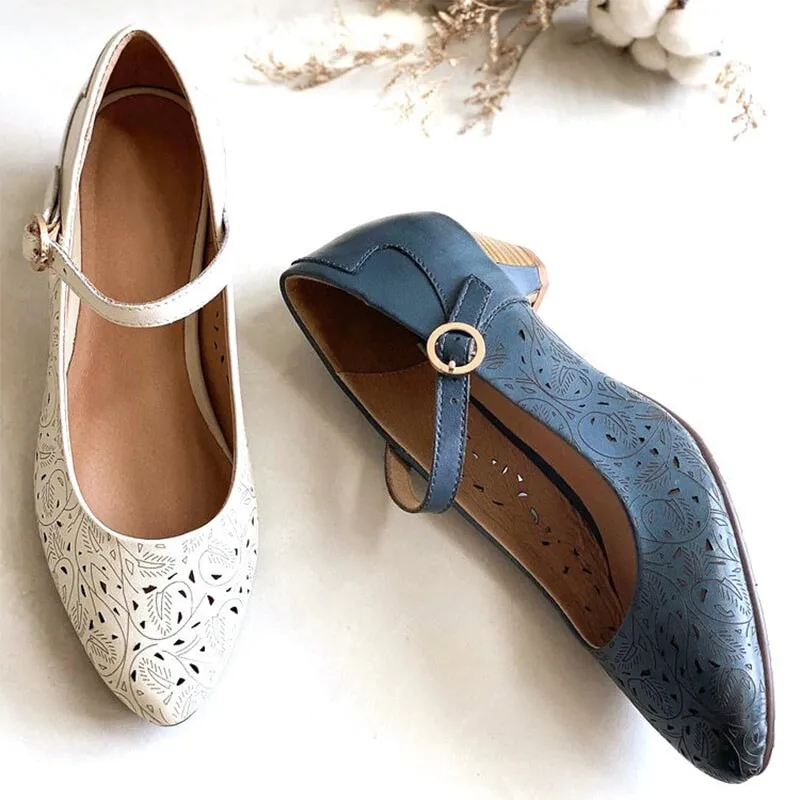 Handmade Cut Out Soft Leather Mary Jane Pumps For Women Cone Heel in Blue/White