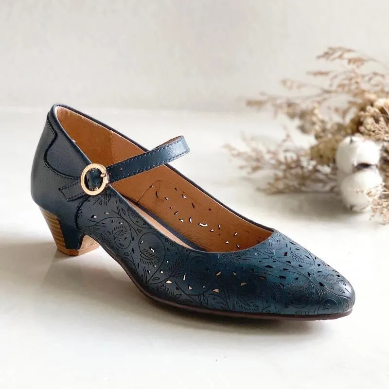 Handmade Cut Out Soft Leather Mary Jane Pumps For Women Cone Heel in Blue/White