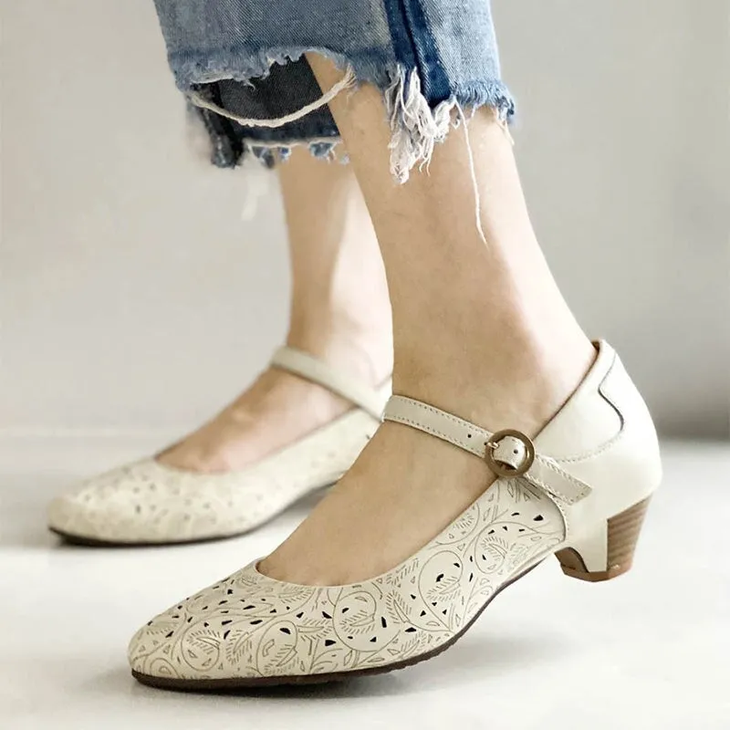 Handmade Cut Out Soft Leather Mary Jane Pumps For Women Cone Heel in Blue/White