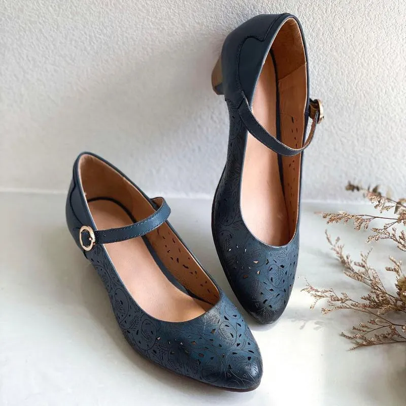 Handmade Cut Out Soft Leather Mary Jane Pumps For Women Cone Heel in Blue/White