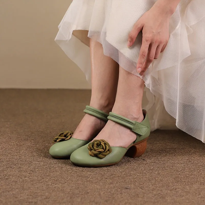 Handmade Leather Pumps Flower Sandals With Retro Block Heel in Green/Coffee/Beige