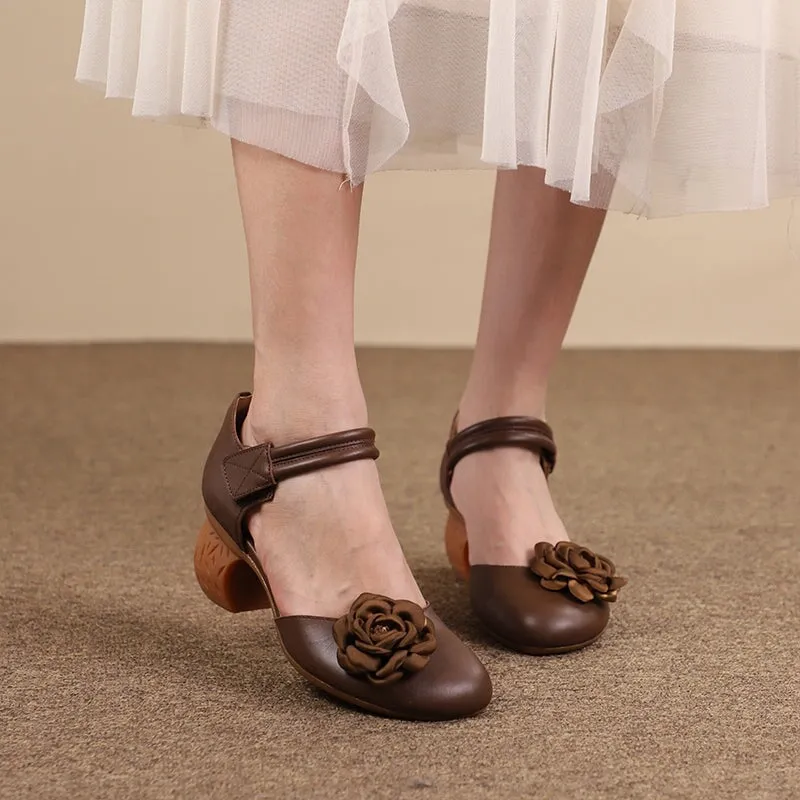 Handmade Leather Pumps Flower Sandals With Retro Block Heel in Green/Coffee/Beige