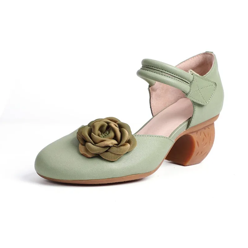 Handmade Leather Pumps Flower Sandals With Retro Block Heel in Green/Coffee/Beige