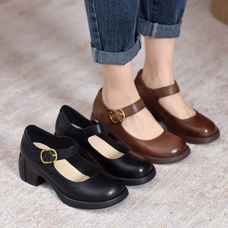 Handmade Leather Pumps Mary Jane Heels Sandals Womens Round Toe  Retro Velcro Sandals Black/Brown