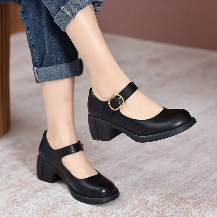 Handmade Leather Pumps Mary Jane Heels Sandals Womens Round Toe  Retro Velcro Sandals Black/Brown