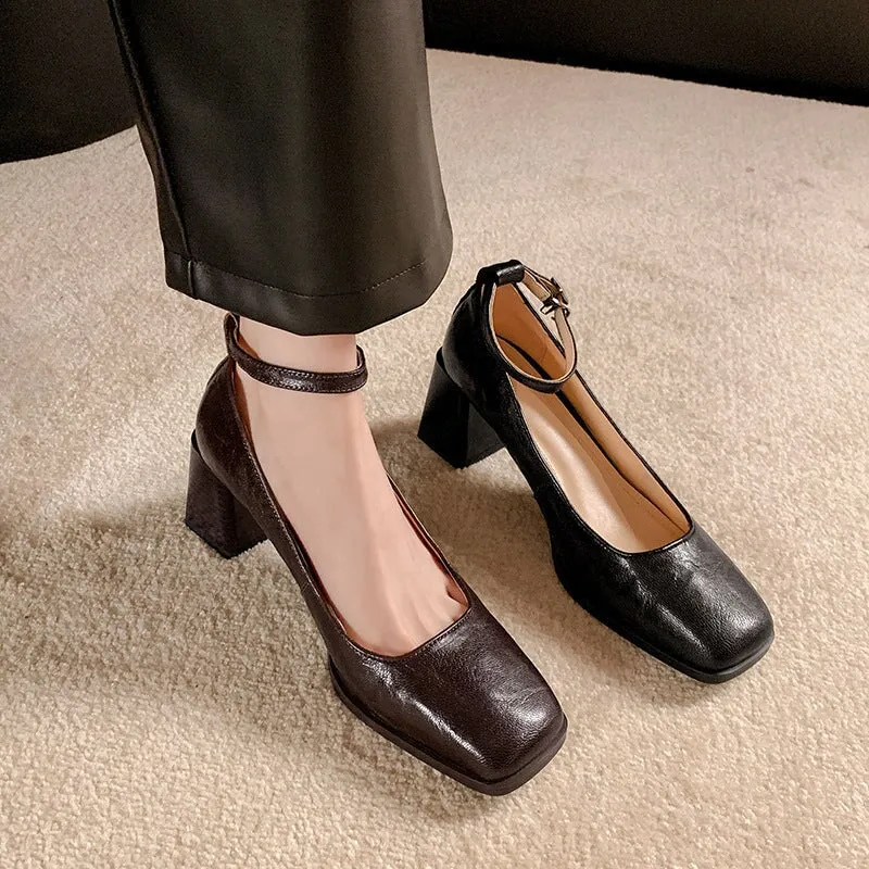 Handmade Leather Pumps Mary Jane High Heel Square Toe  in Black/Brown