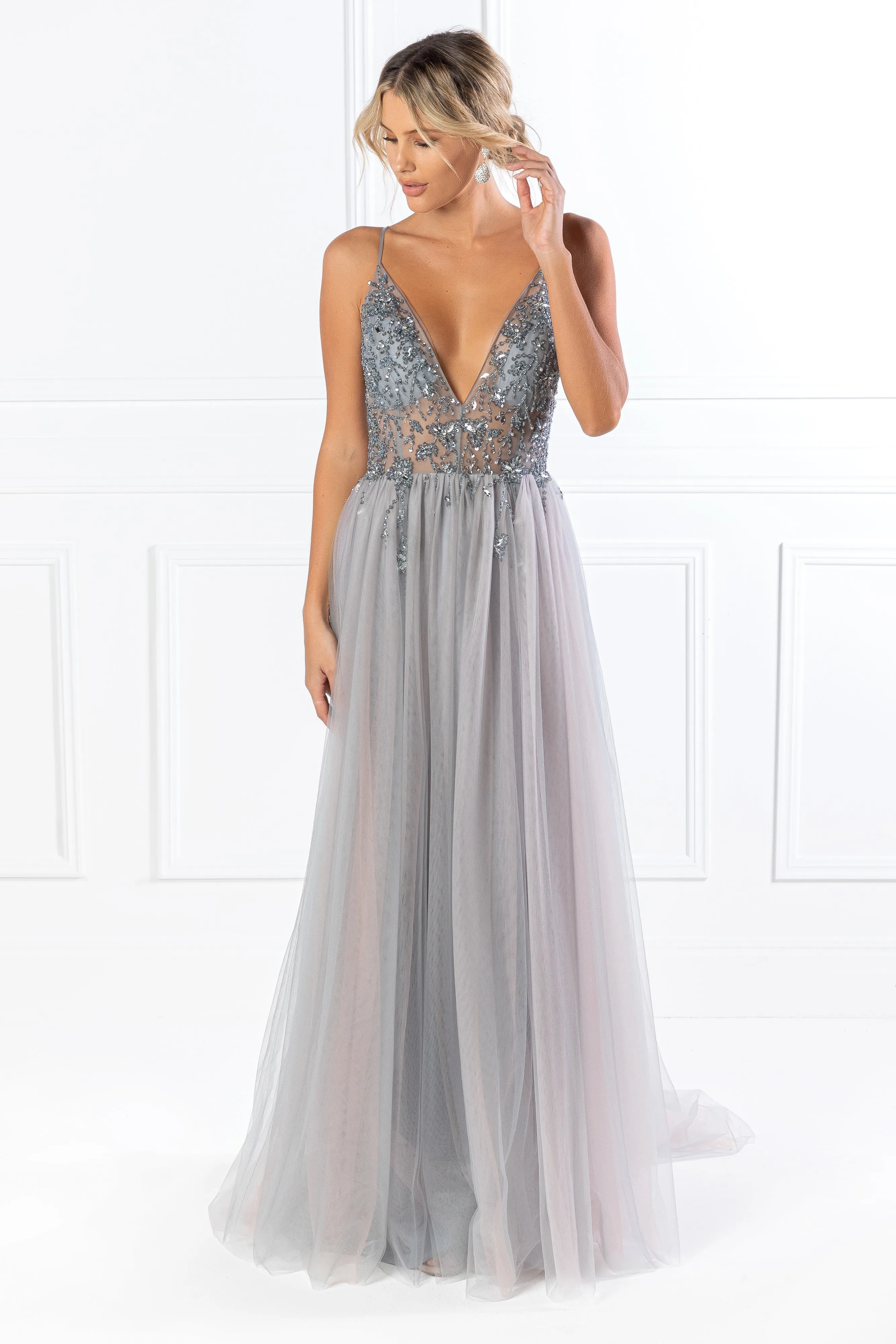 Honey Couture VIOLET Grey Tulle Crystal Beaded Formal Dress