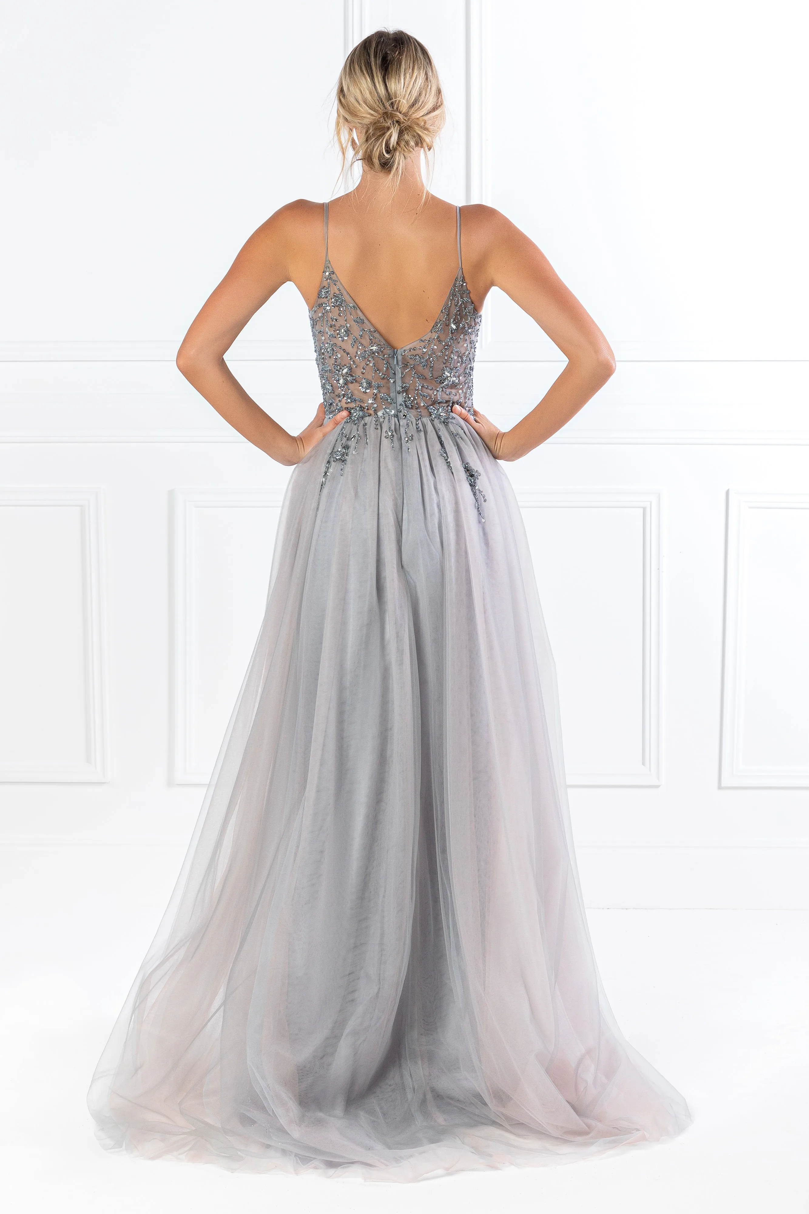 Honey Couture VIOLET Grey Tulle Crystal Beaded Formal Dress