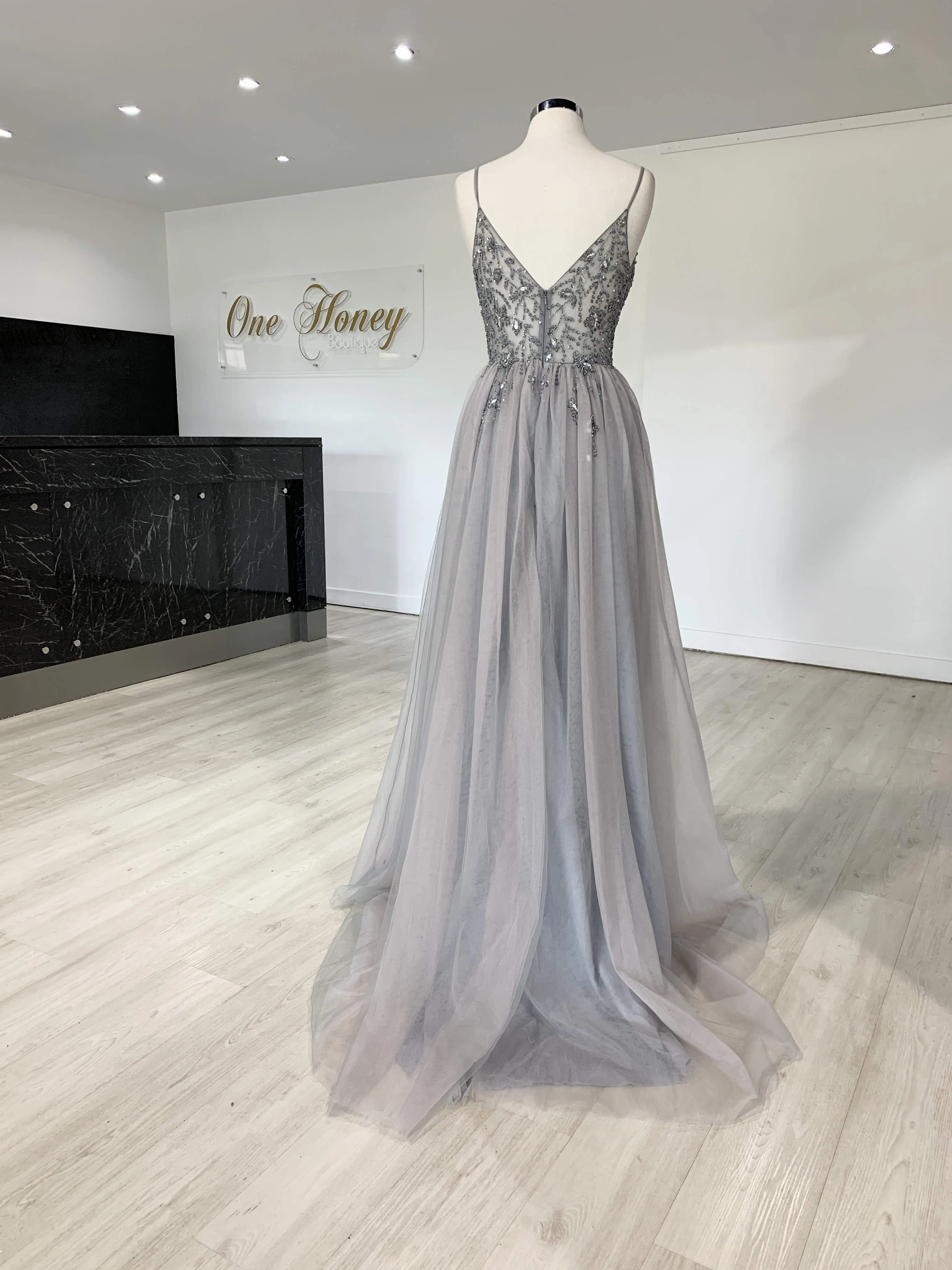 Honey Couture VIOLET Grey Tulle Crystal Beaded Formal Dress