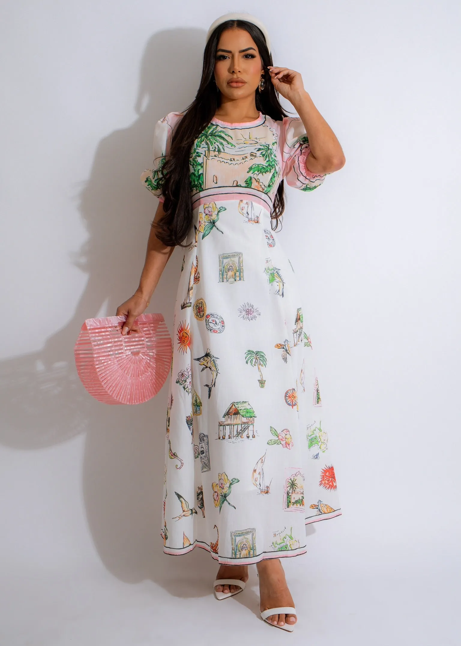 Island Mural Maxi Dress White