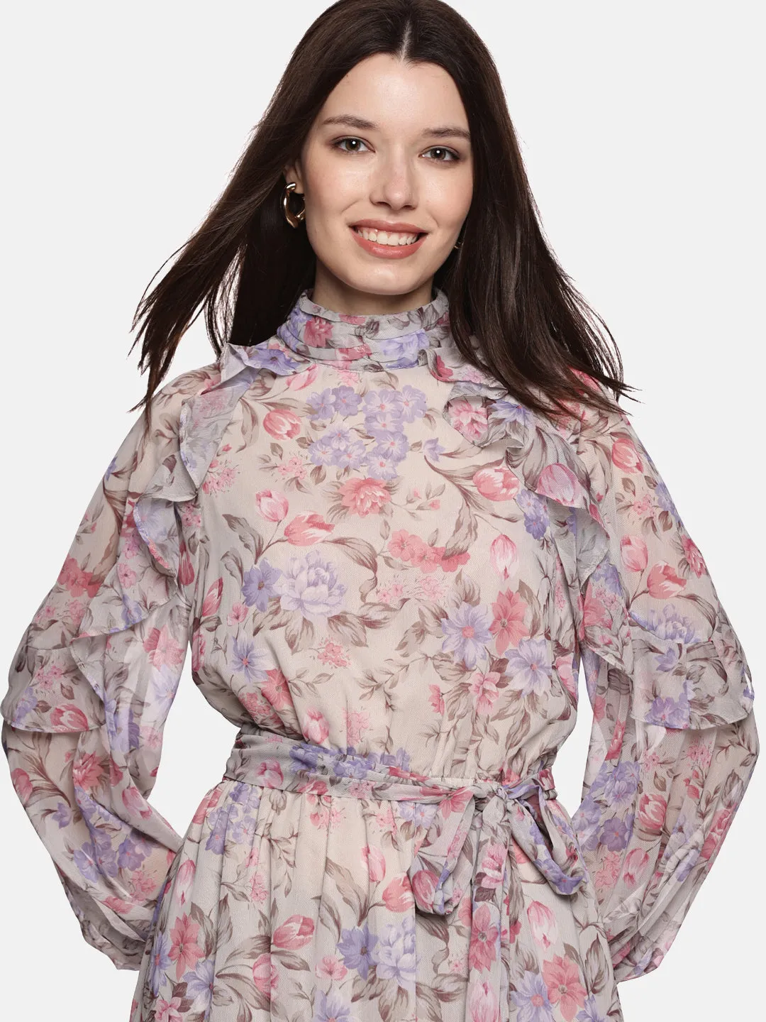 IS.U Floral Multicolored Ruffled Blouson Sleeve Dress