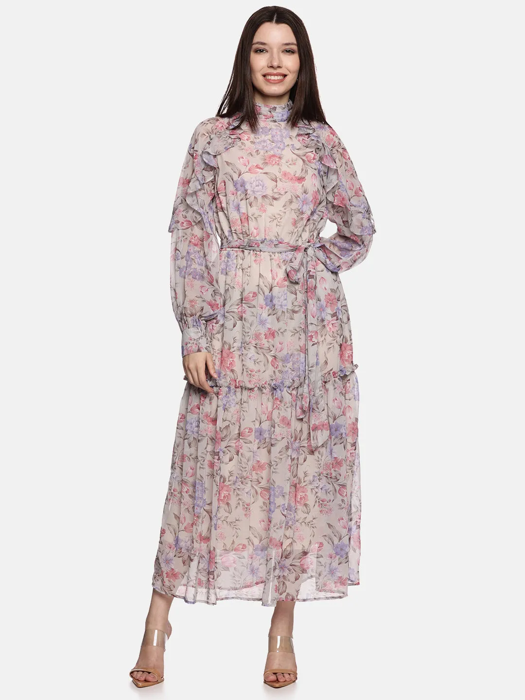 IS.U Floral Multicolored Ruffled Blouson Sleeve Dress