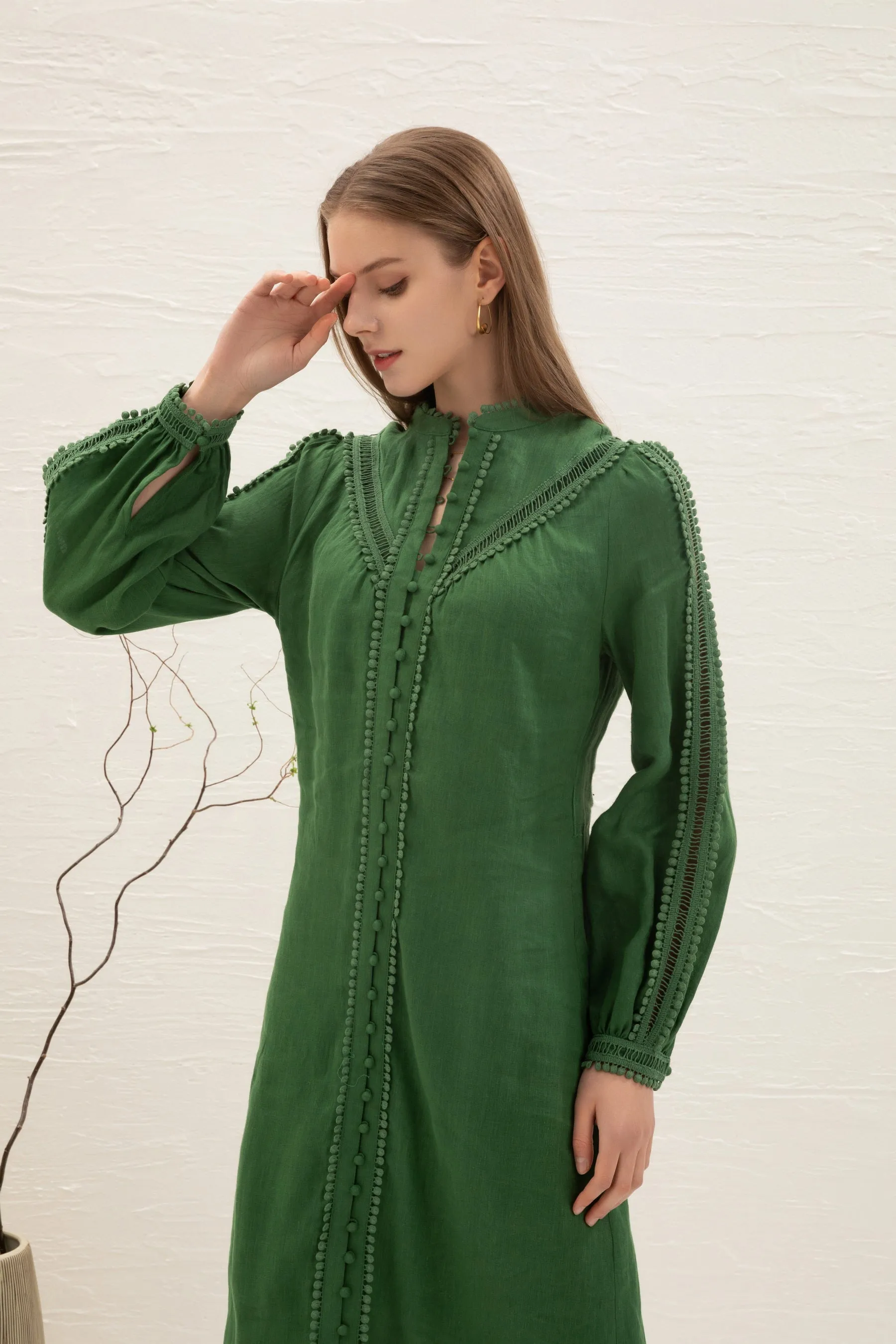 Kiara Linen Embroidered Dress - Green - GDS